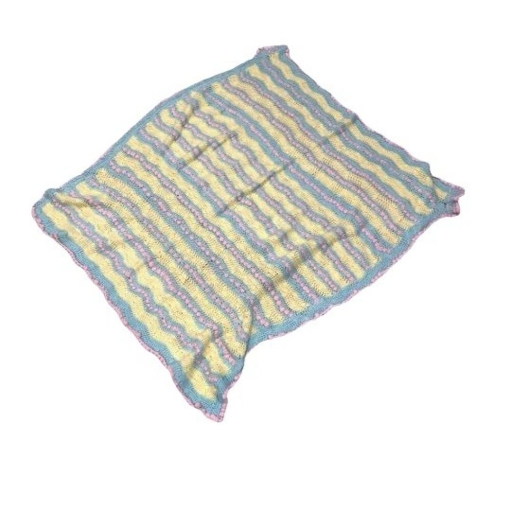 Handmade Crochet Baby Blanket Green Pink Yellow Wave Stripes Infant Cute Seet